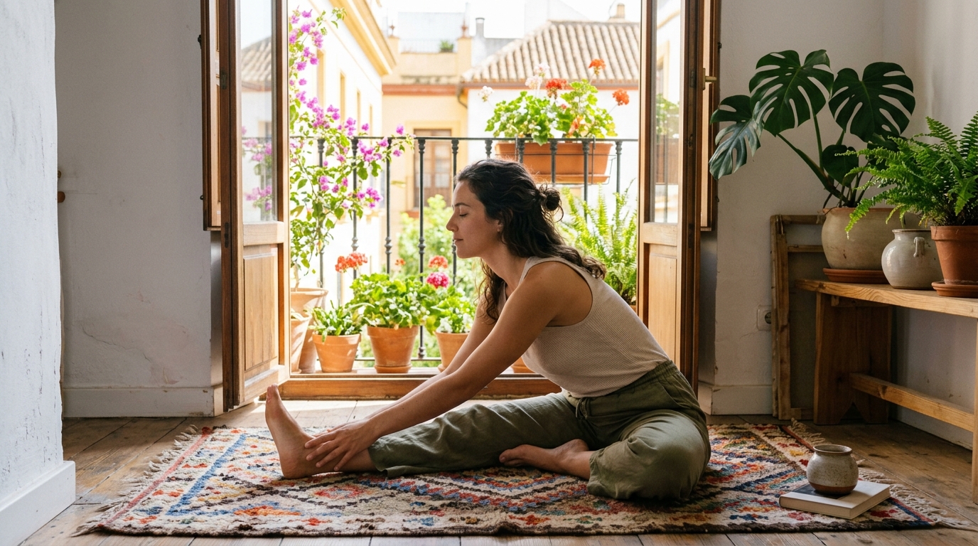 Mujer realizando un estiramiento suave en una habitación luminosa en Sevilla