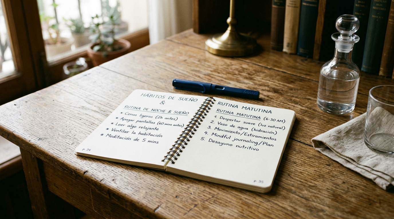 Cuaderno con notas manuscritas sobre fases del sueño en una mesa luminosa